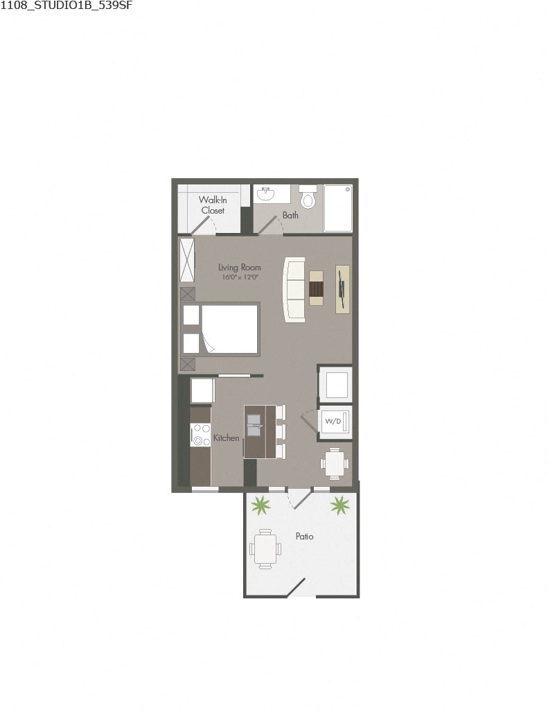 Floor plan for studio, 1 bath, 539 sqft